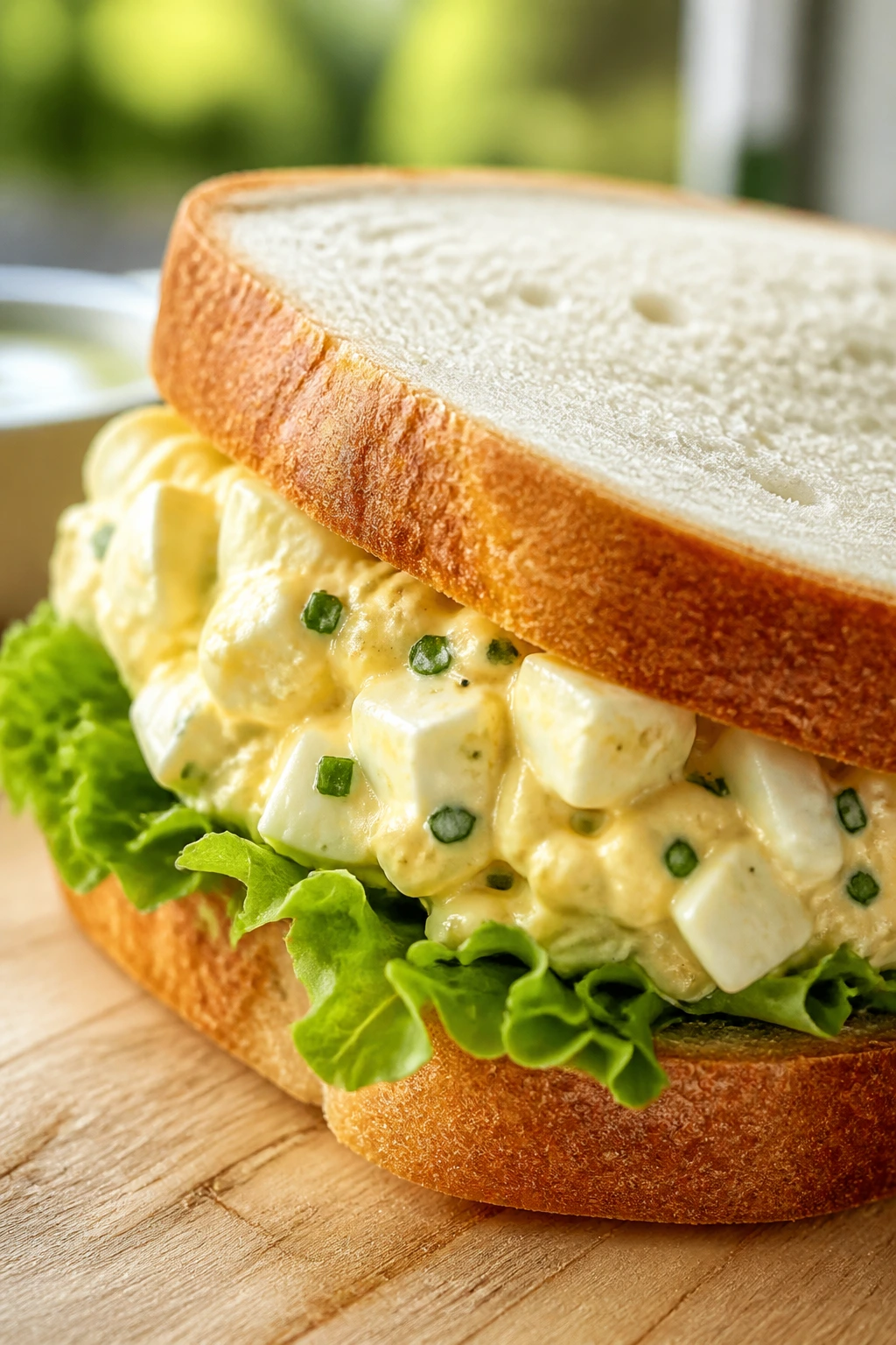 Egg salad sandwich with chives and lettuce on soft bread outdoors