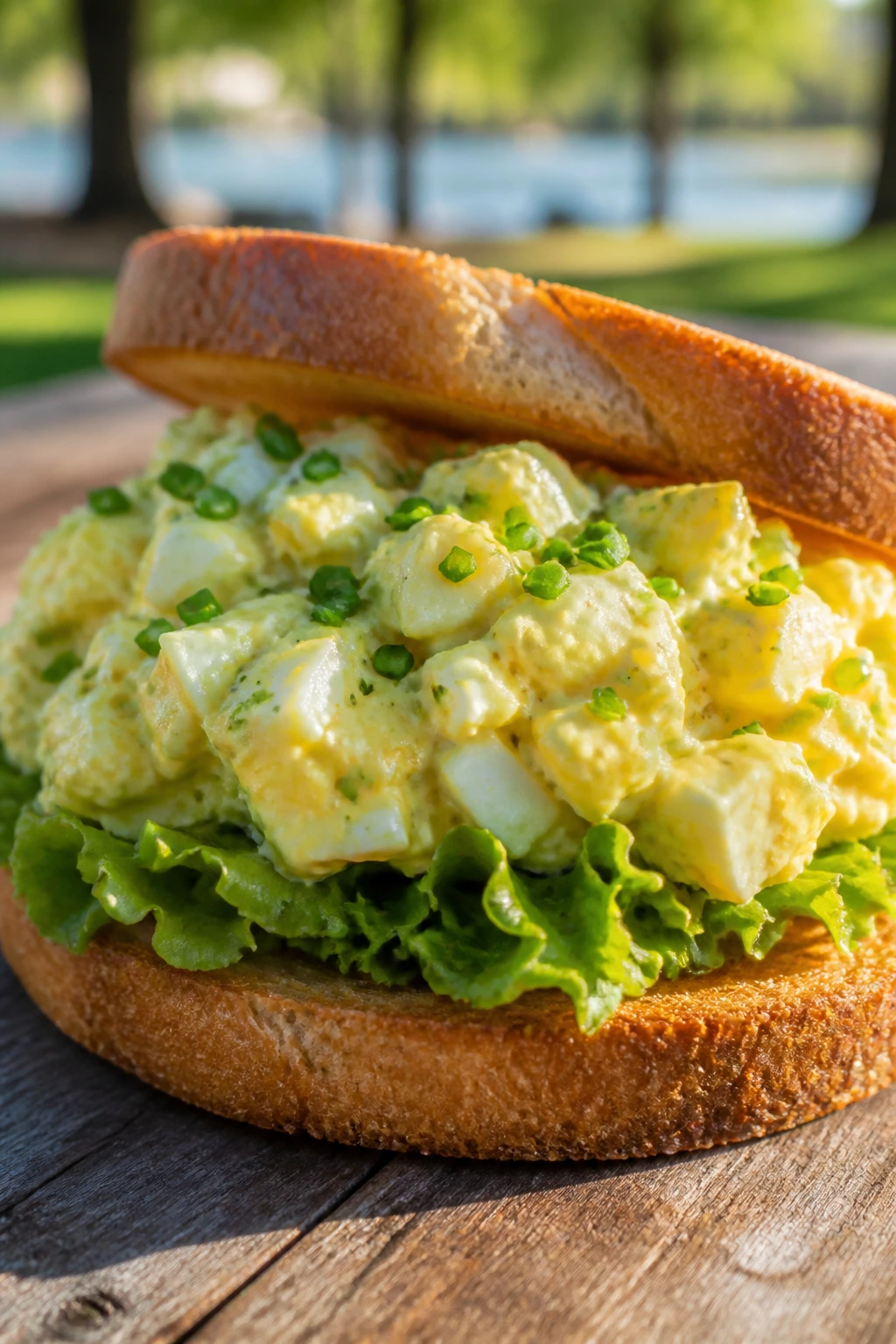 Egg salad with chives and lettuce on toasted bread outdoors