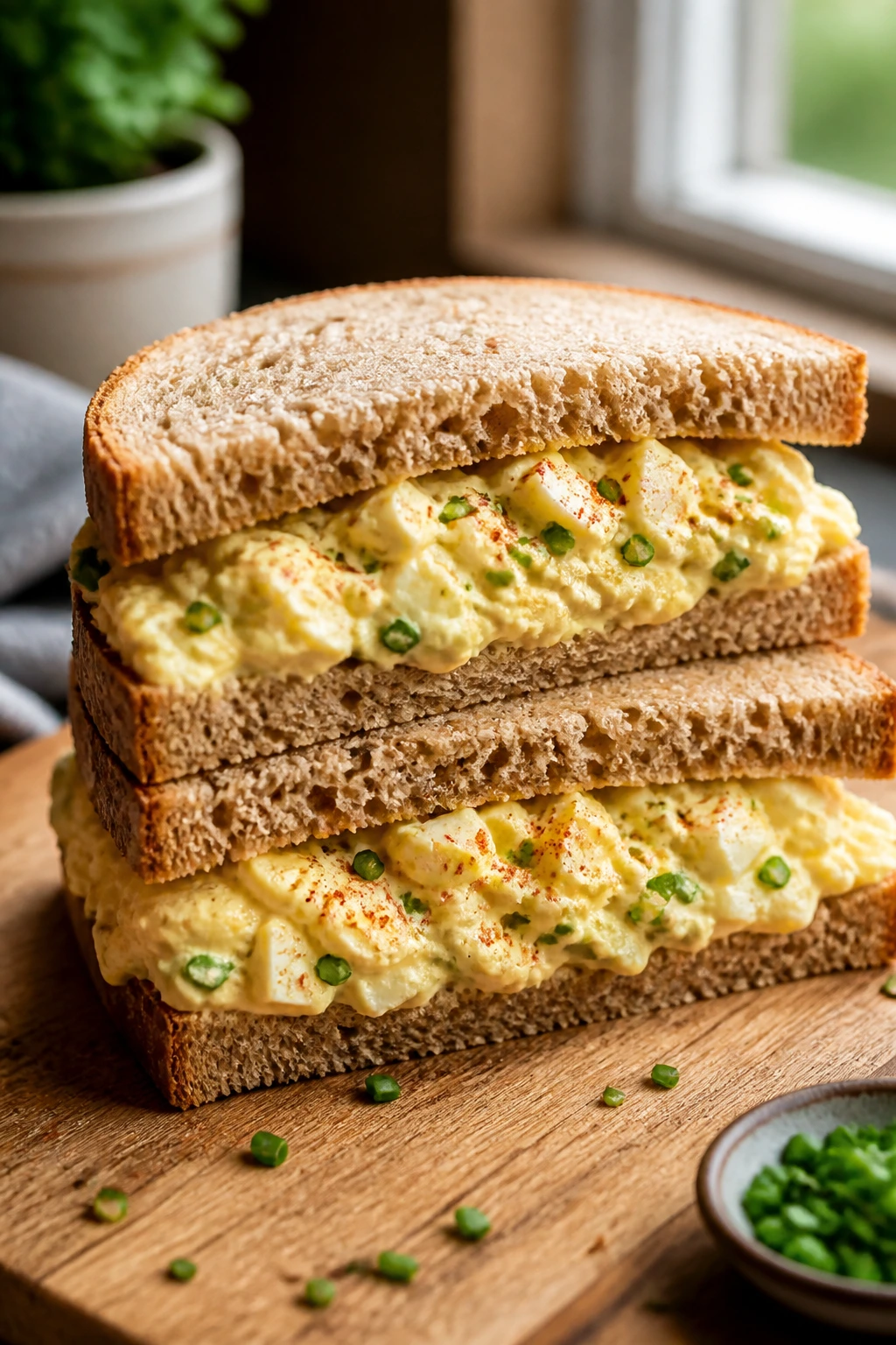 Egg salad sandwich cross-section with chives on rustic board