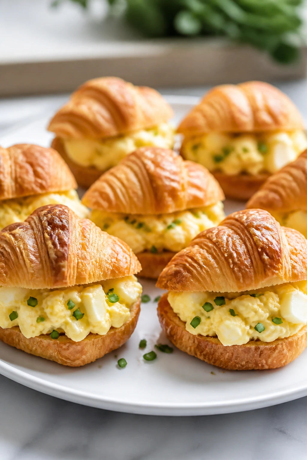 Close-up of egg salad croissant bites on a white plate in a cozy kitchen
