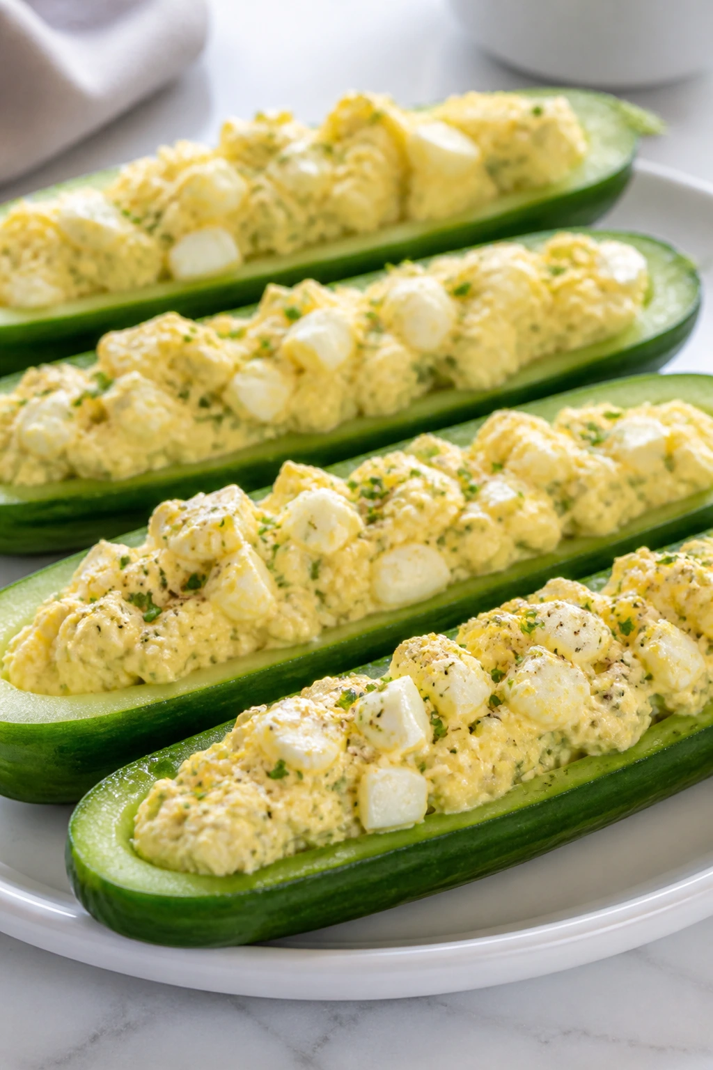 Cucumber boats filled with egg salad on a plate