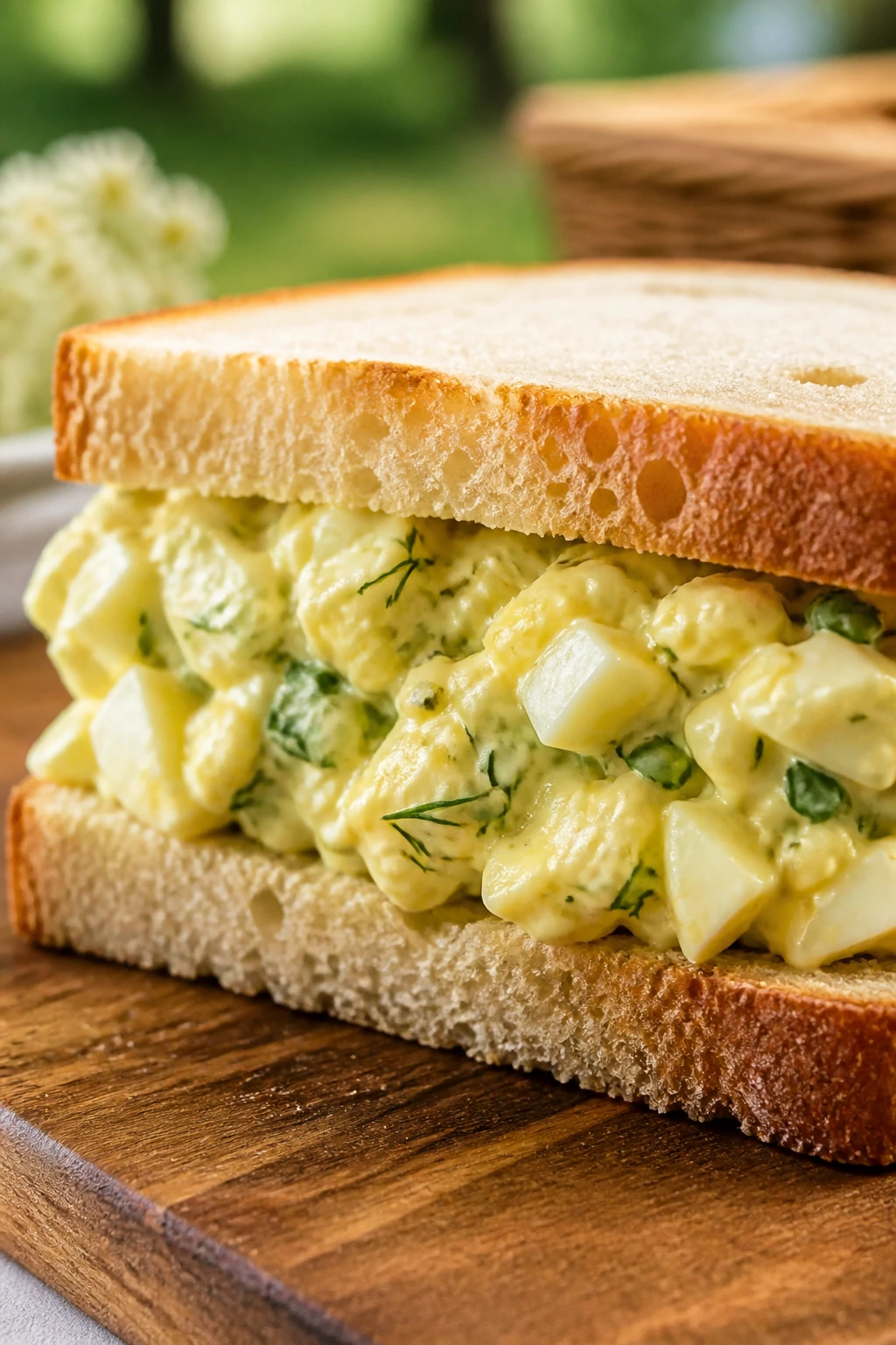Close-up of Egg Salad with Dill and Chives sandwich on a wooden board outdoors