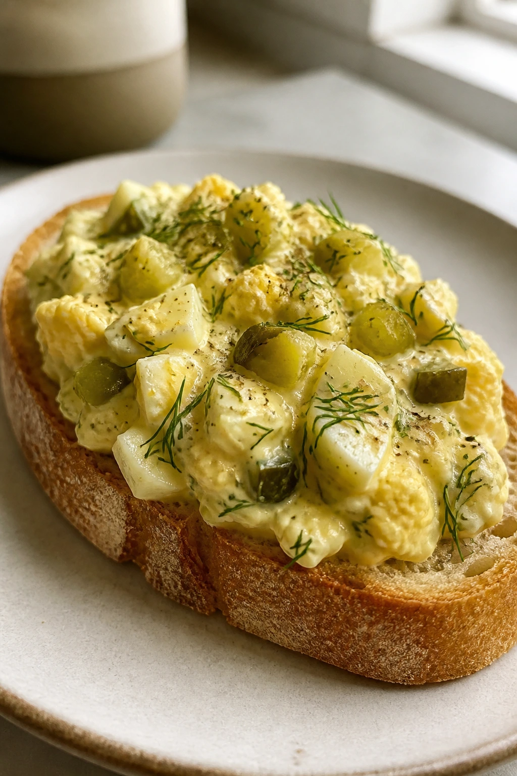 Creamy egg salad with dill and pickles on bread