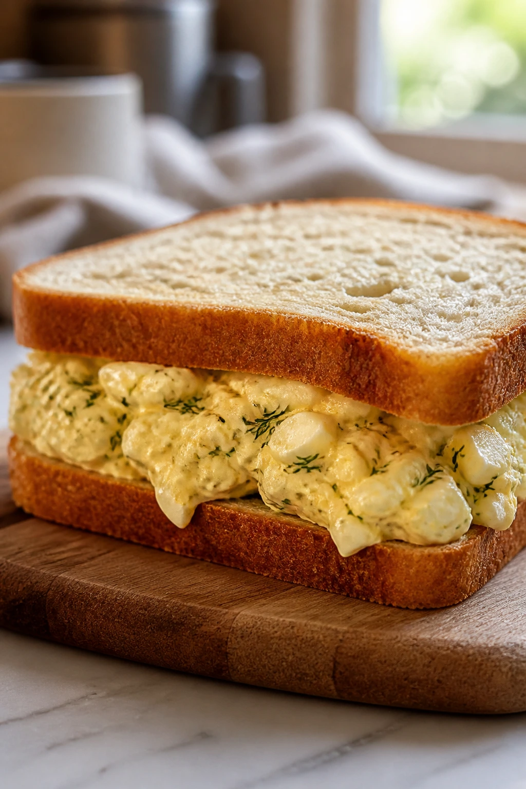Close-up of egg salad sandwich with dill on a wooden board