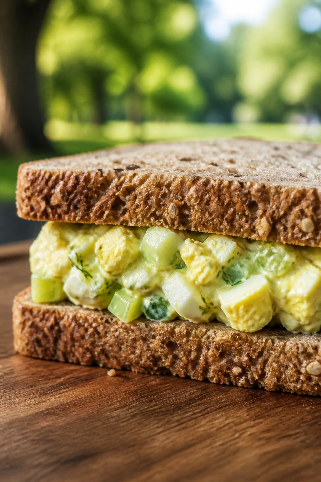 Dill egg salad sandwich on whole grain bread outdoors