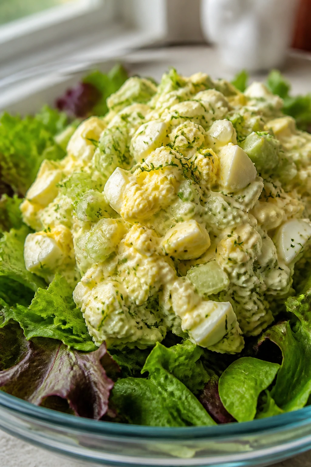 Egg salad greens with dill celery chives in a bright bowl