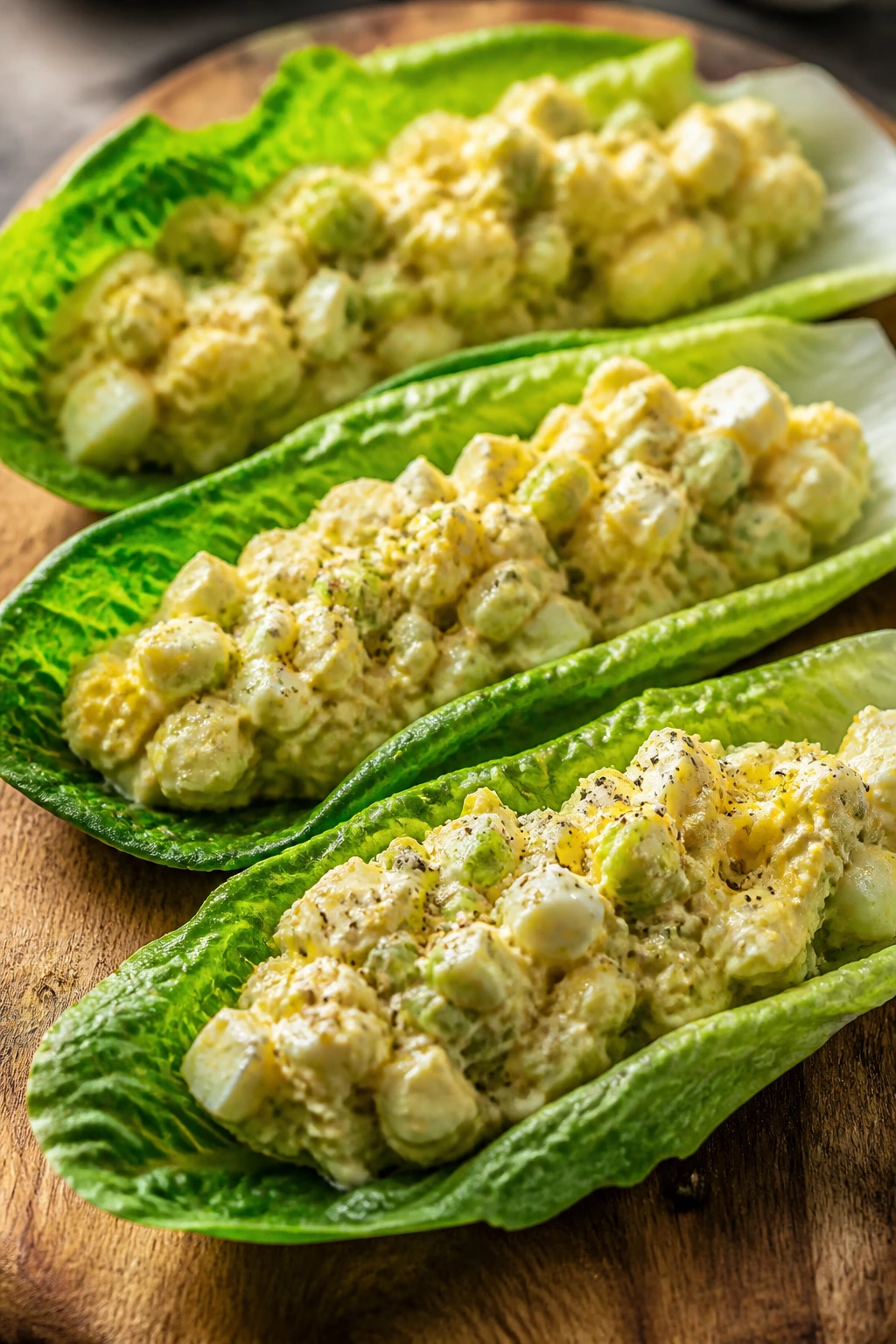 Lettuce boats filled with egg salad on wooden board