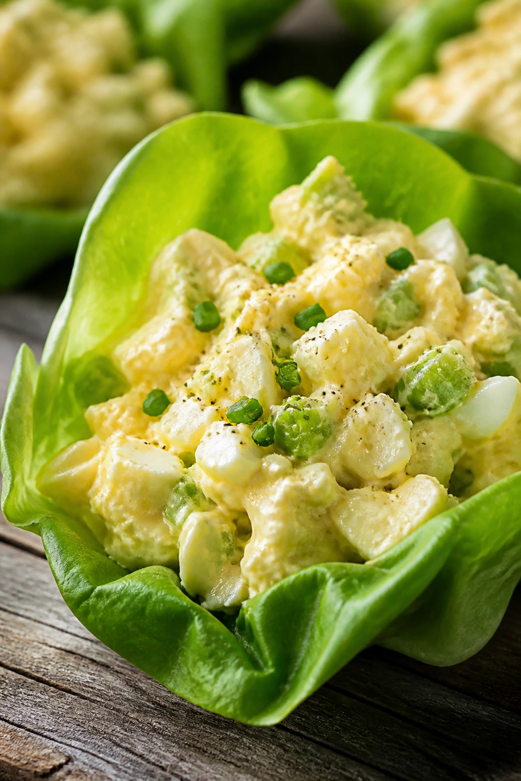 Close-up of egg salad lettuce cup on rustic surface outdoors
