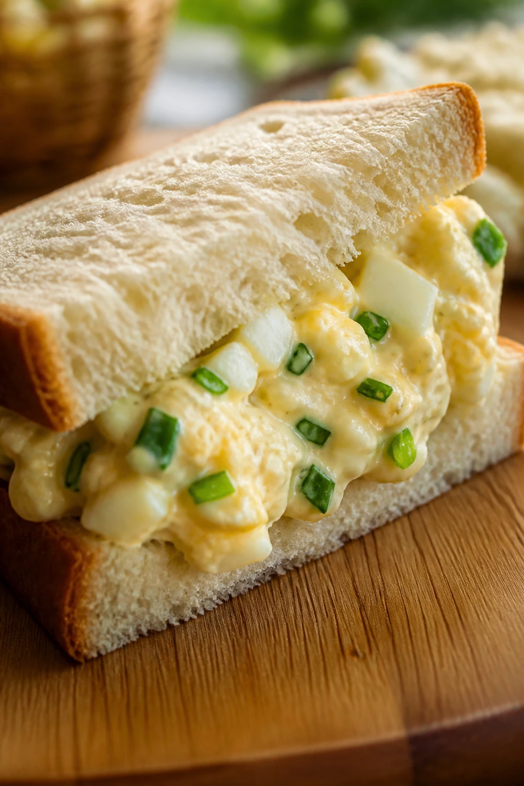 Egg salad on milk bread with chives close-up