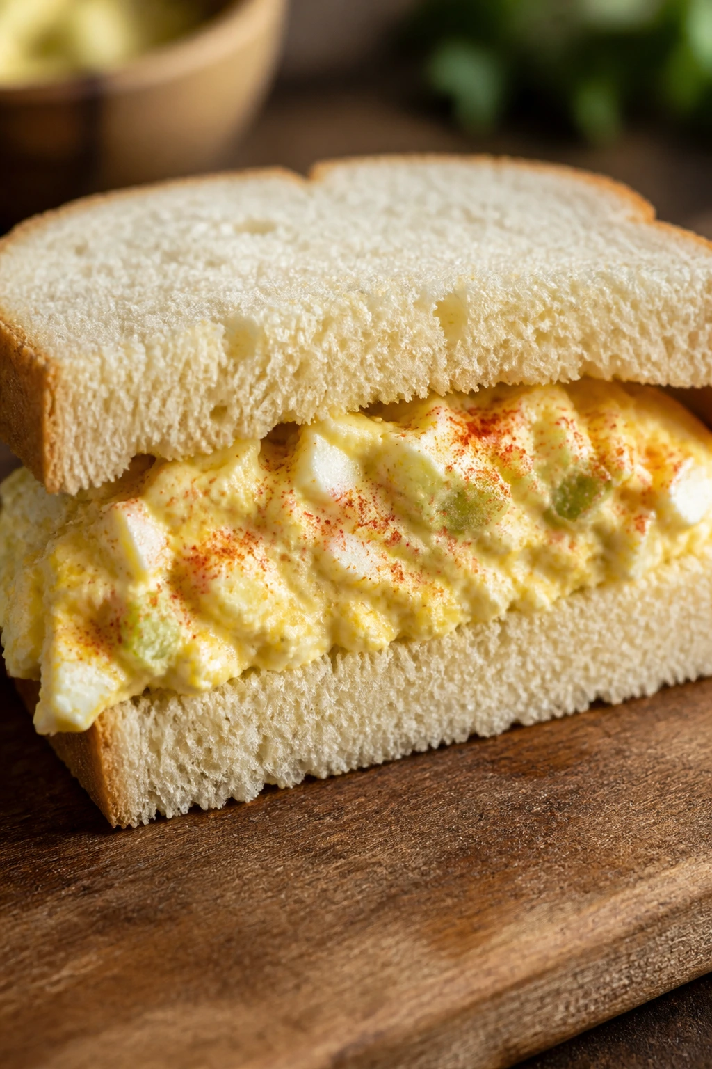 Cross-section of old-school egg salad with paprika on bread