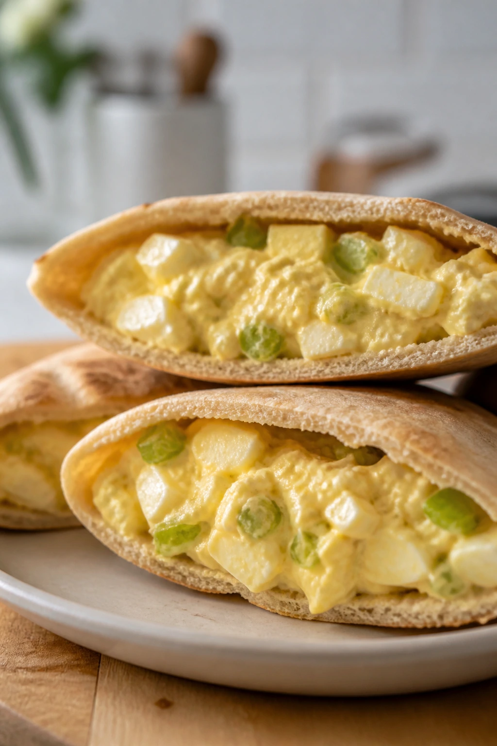 Cross-sectioned pita pockets filled with egg salad