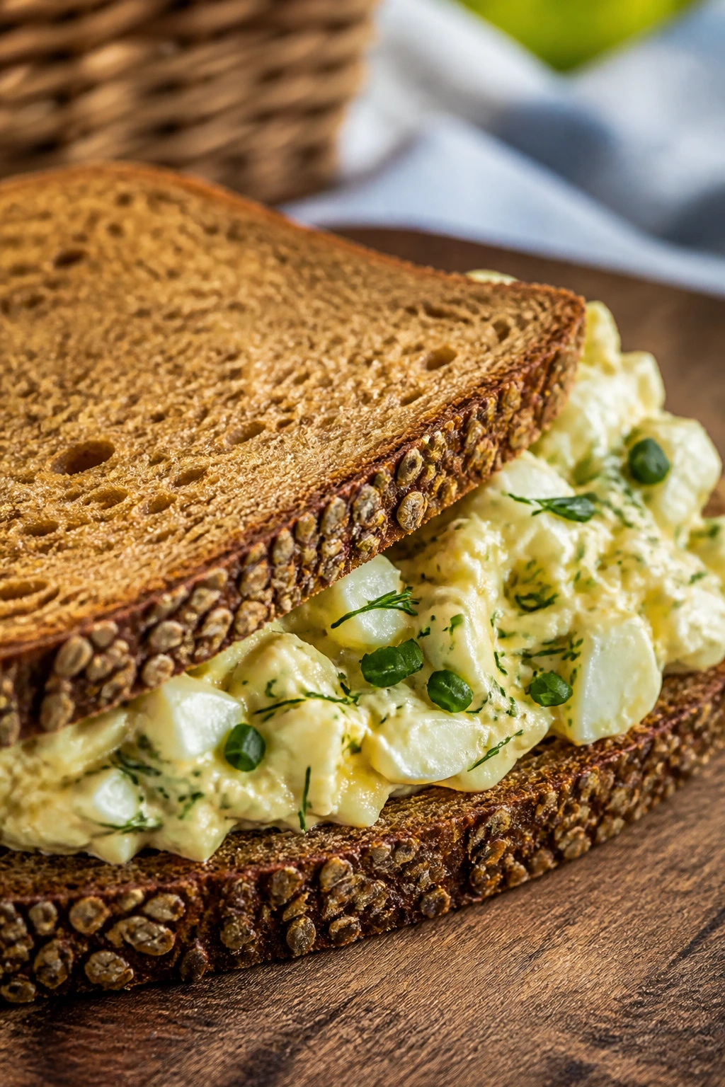 Rye bread half topped with dill egg salad and chives