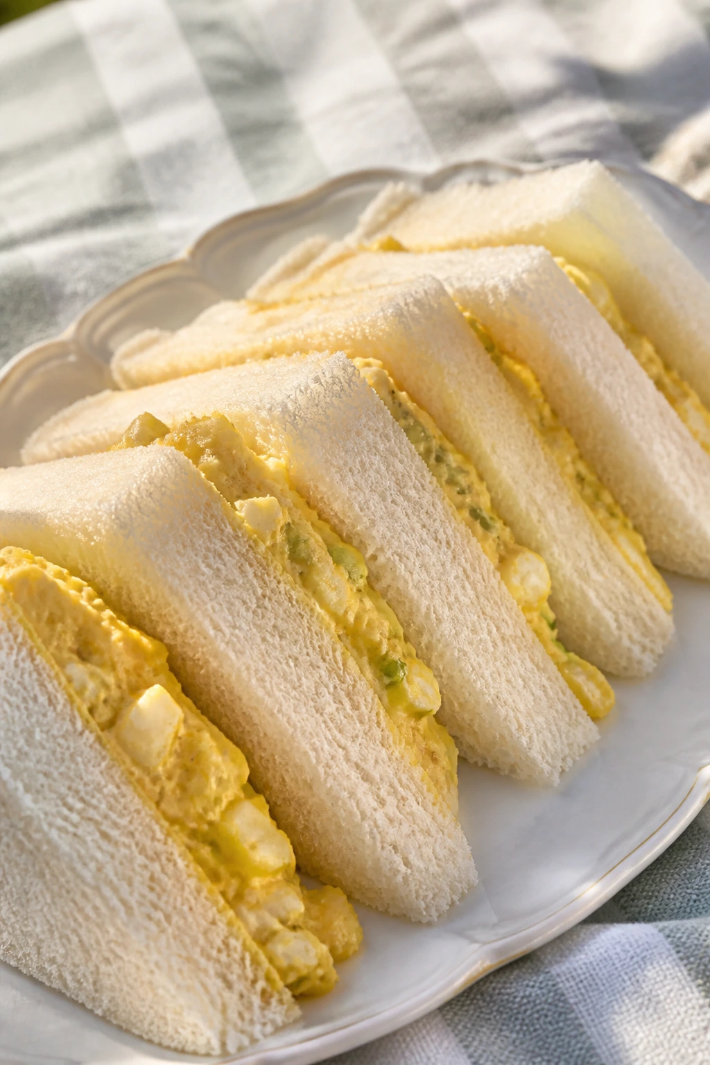 Triangles of egg salad tea sandwiches on a plate