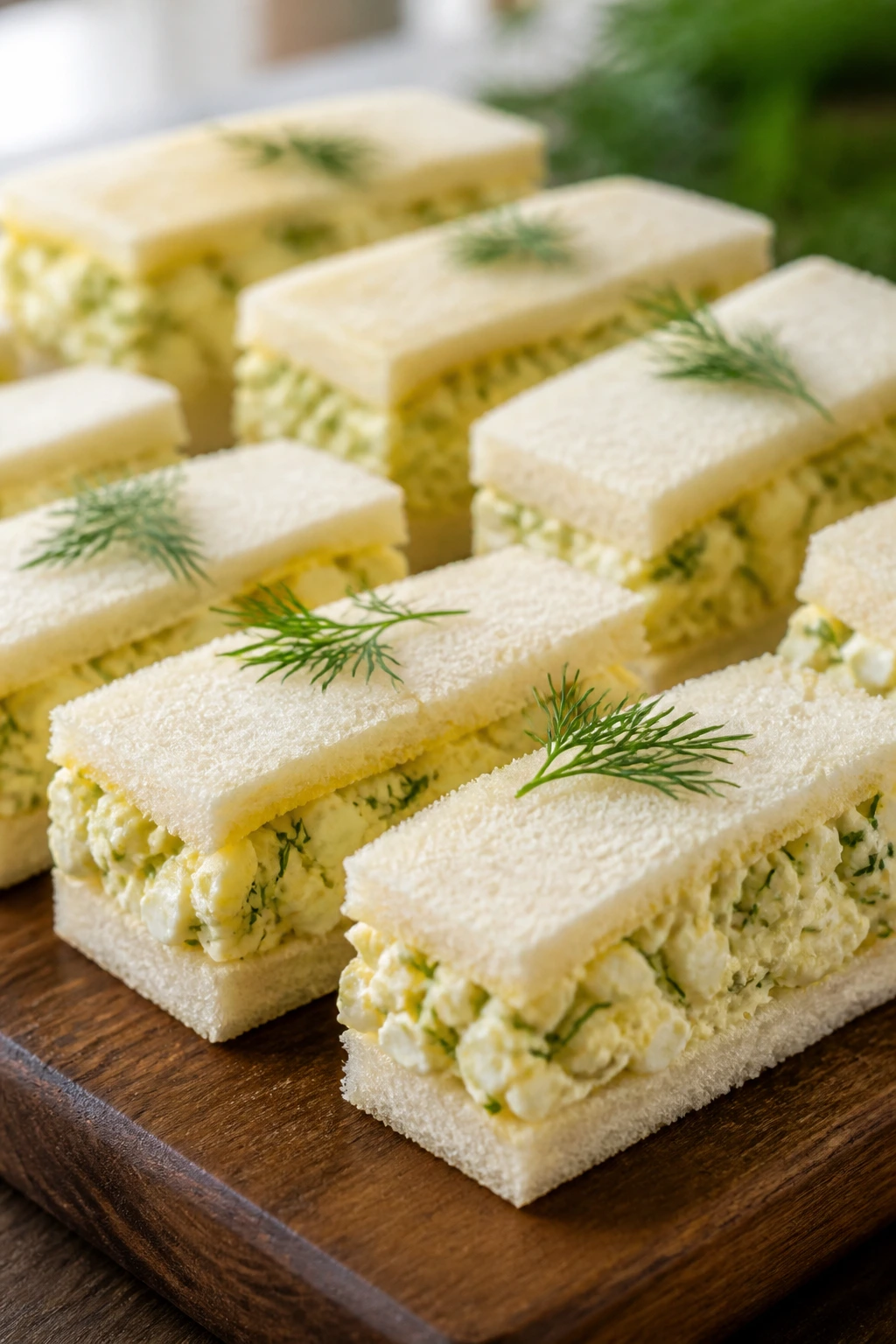 Close-up of egg salad tea sandwiches with dill on a wooden board