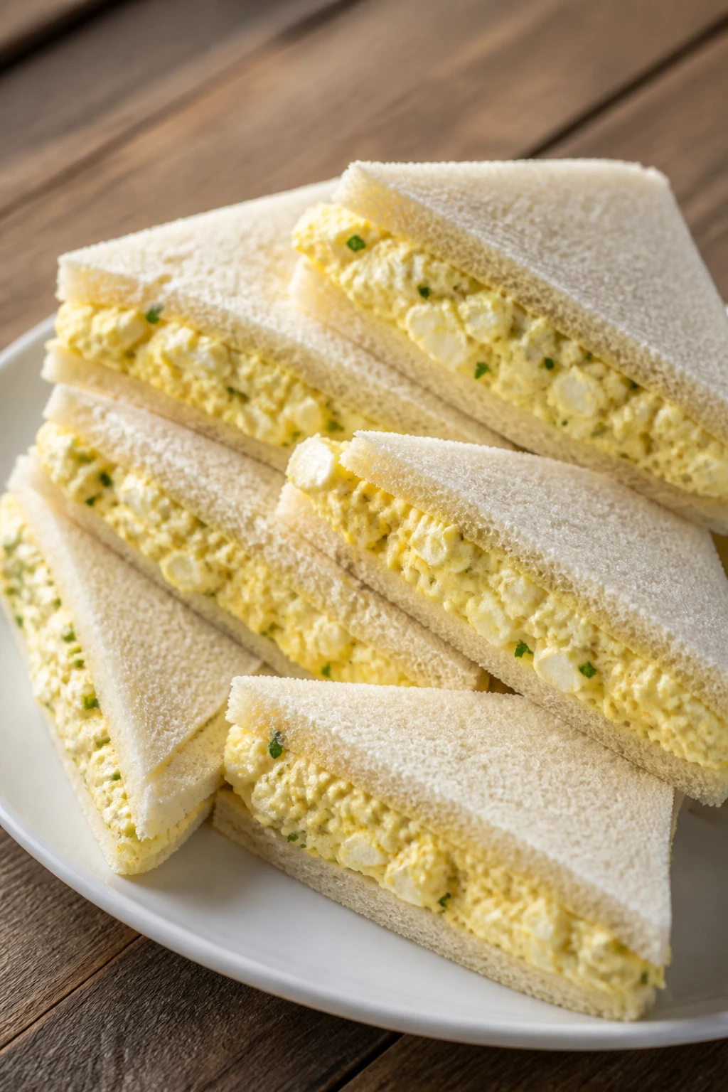 Crustless egg salad tea sandwiches neatly stacked on a plate