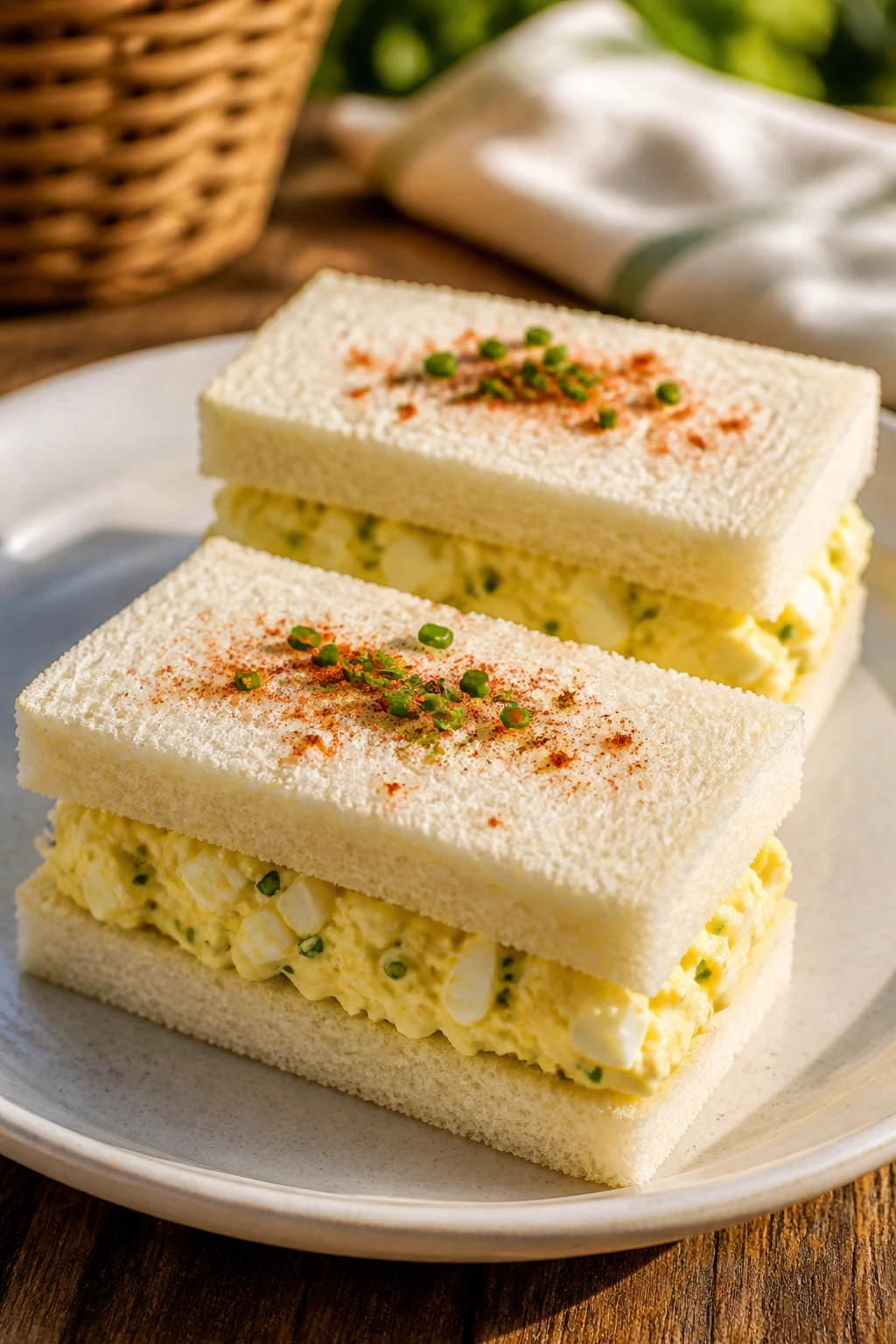 Two small egg salad tea sandwiches on crustless white bread.