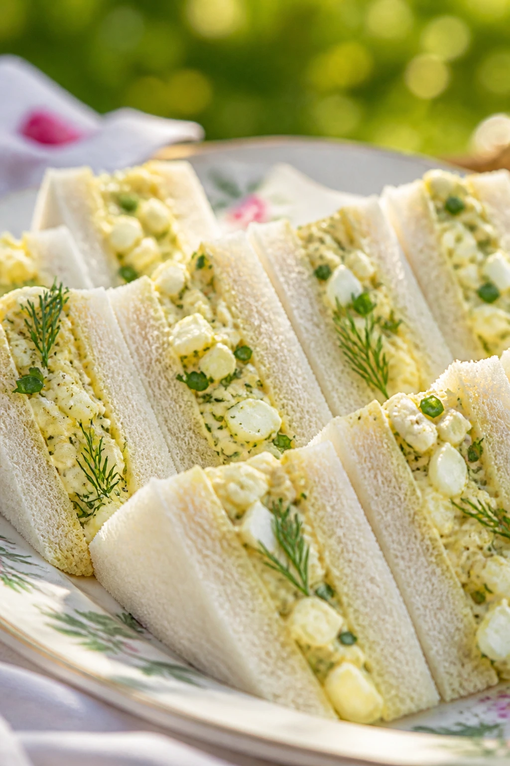 Herbed egg salad tea sandwiches on a plate