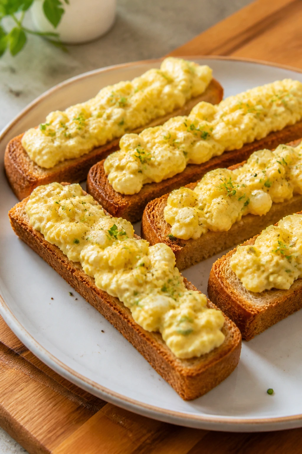 Close-up of egg salad toast fingers on a plate
