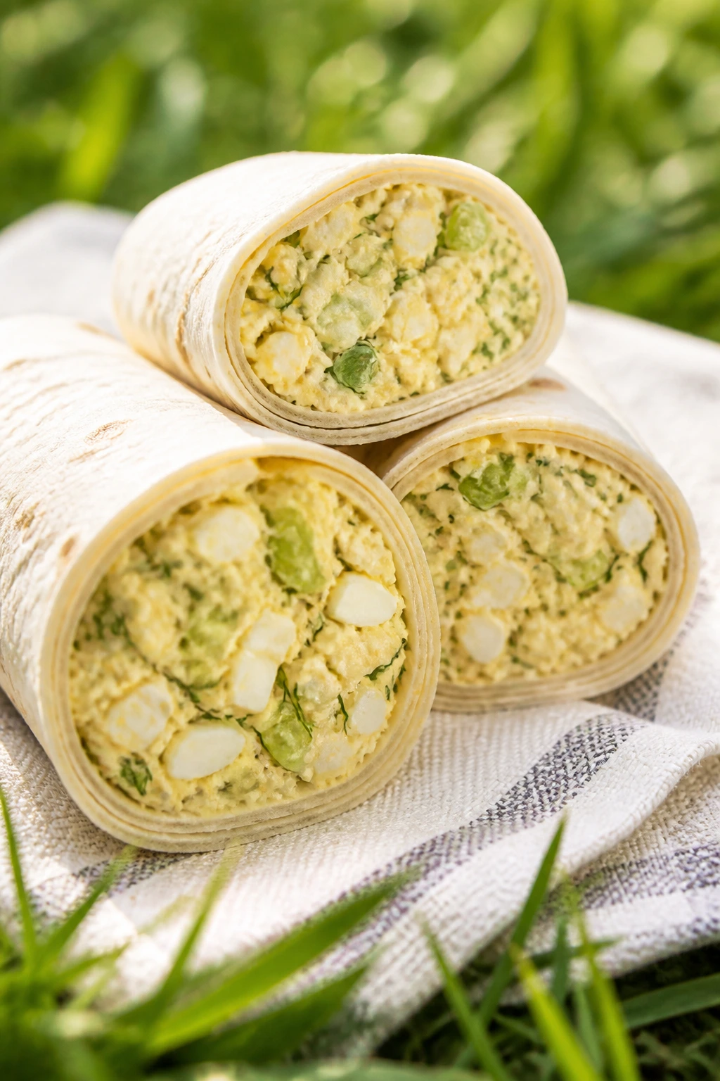 Close-up Egg Salad Dill Wrap cross-section showing dill and celery
