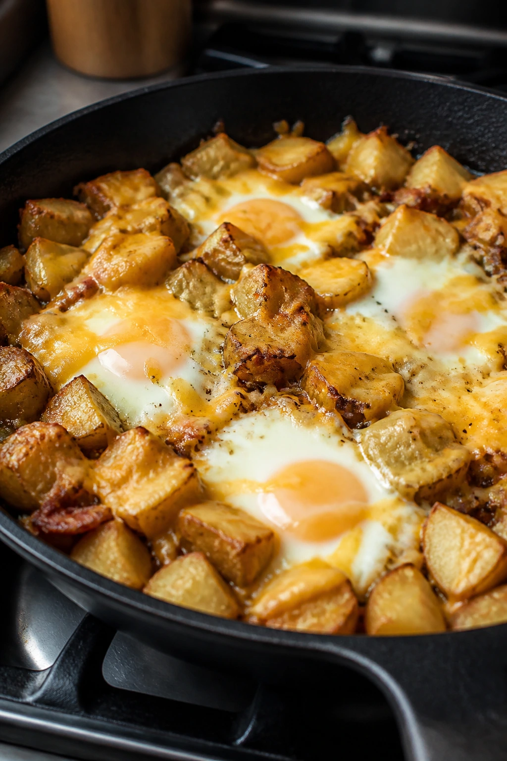 Egg skillet with potatoes and cheese cooking on a stove
