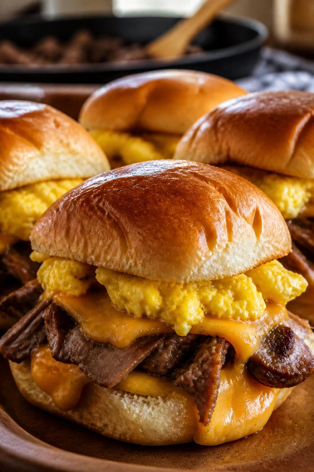 Close-up of Breakfast Egg and Steak Sliders with eggs and beef