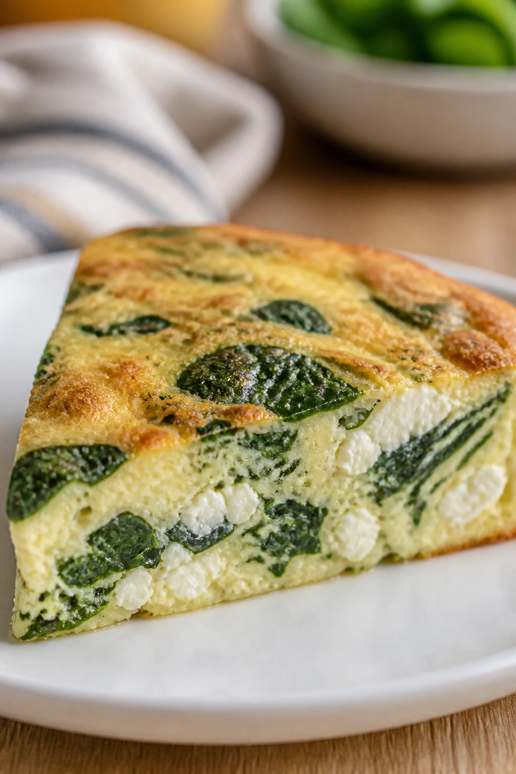 Slice of spinach and feta egg white frittata on plate