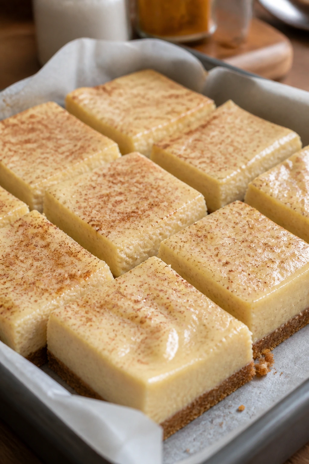 Close-up of eggnog cheesecake bars with nutmeg atop a parchment-lined pan