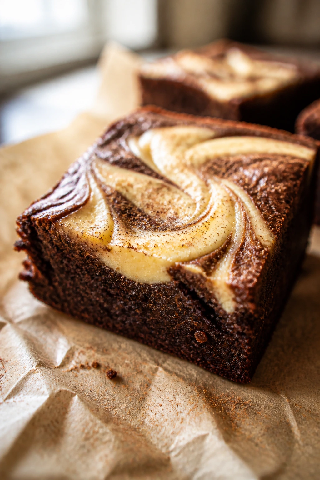Close-up of eggnog swirl brownie with nutmeg dust