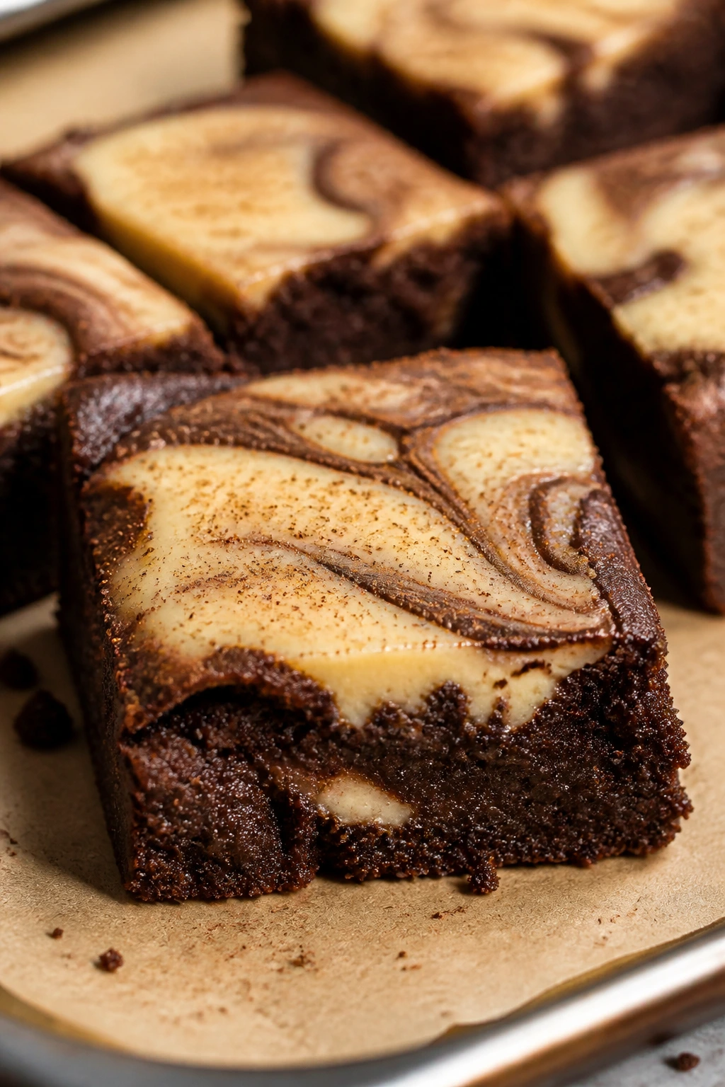 Brownie with pale eggnog swirl ribbon and nutmeg dusting