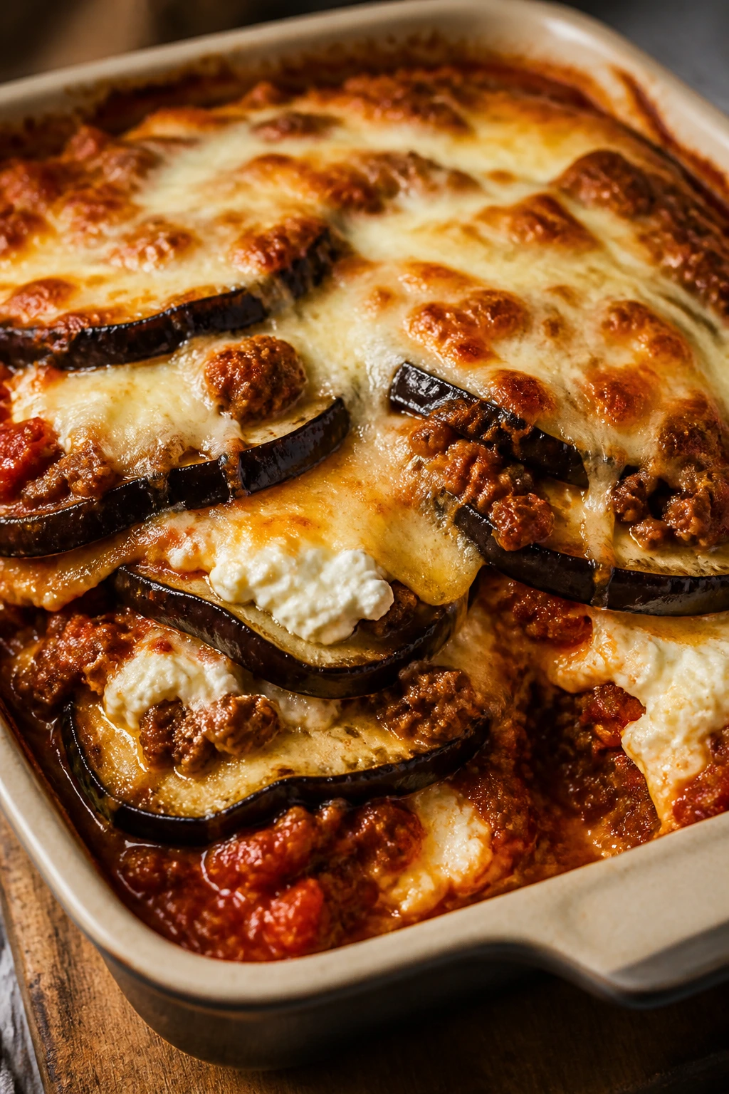 Close-up of roasted eggplant bake with beef and cottage cheese in a ceramic dish