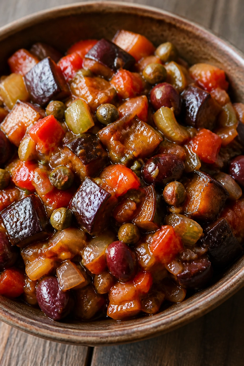 Close-up of eggplant caponata with celery, tomatoes, capers and olives in a bowl