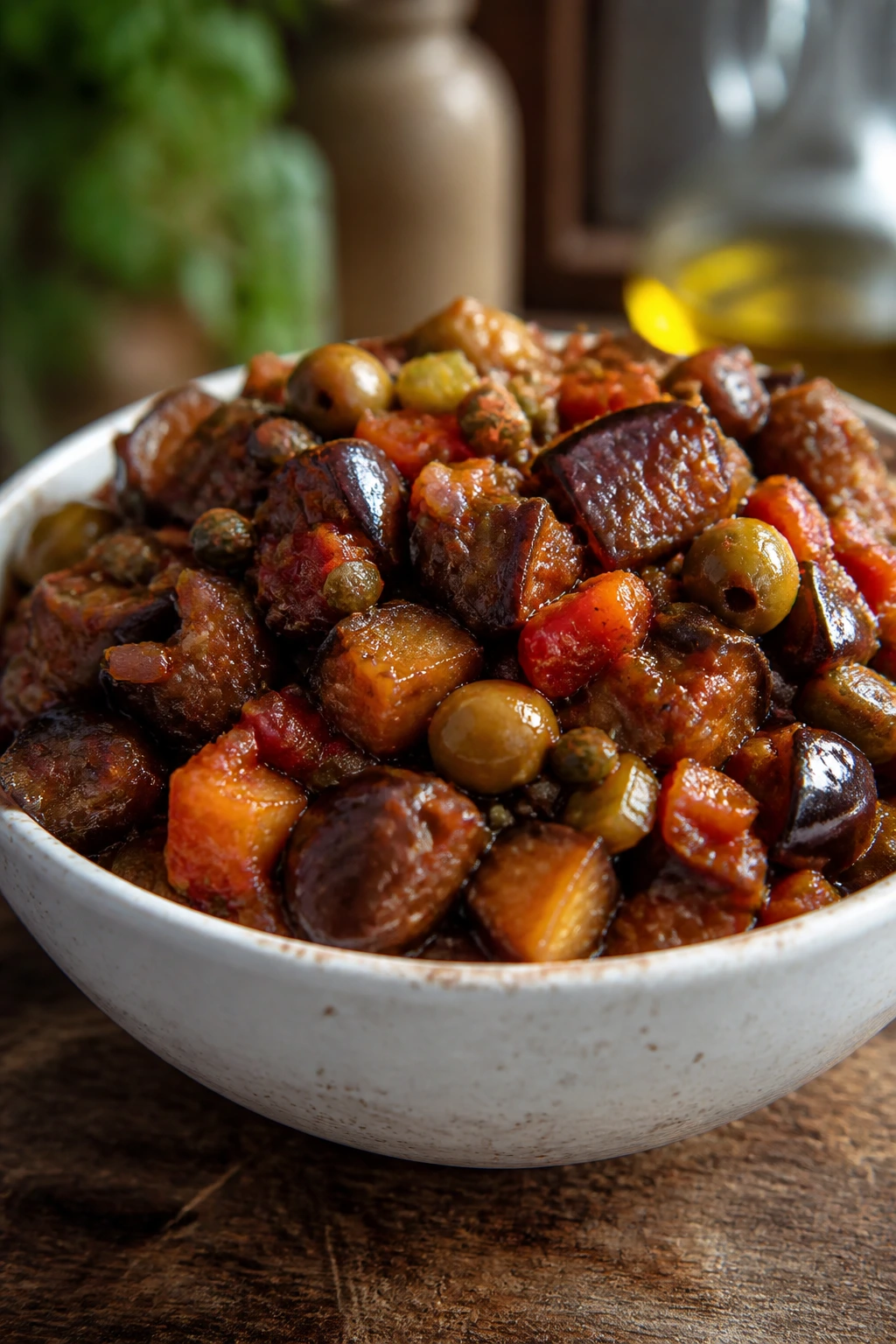 Glossy eggplant caponata in a rustic bowl