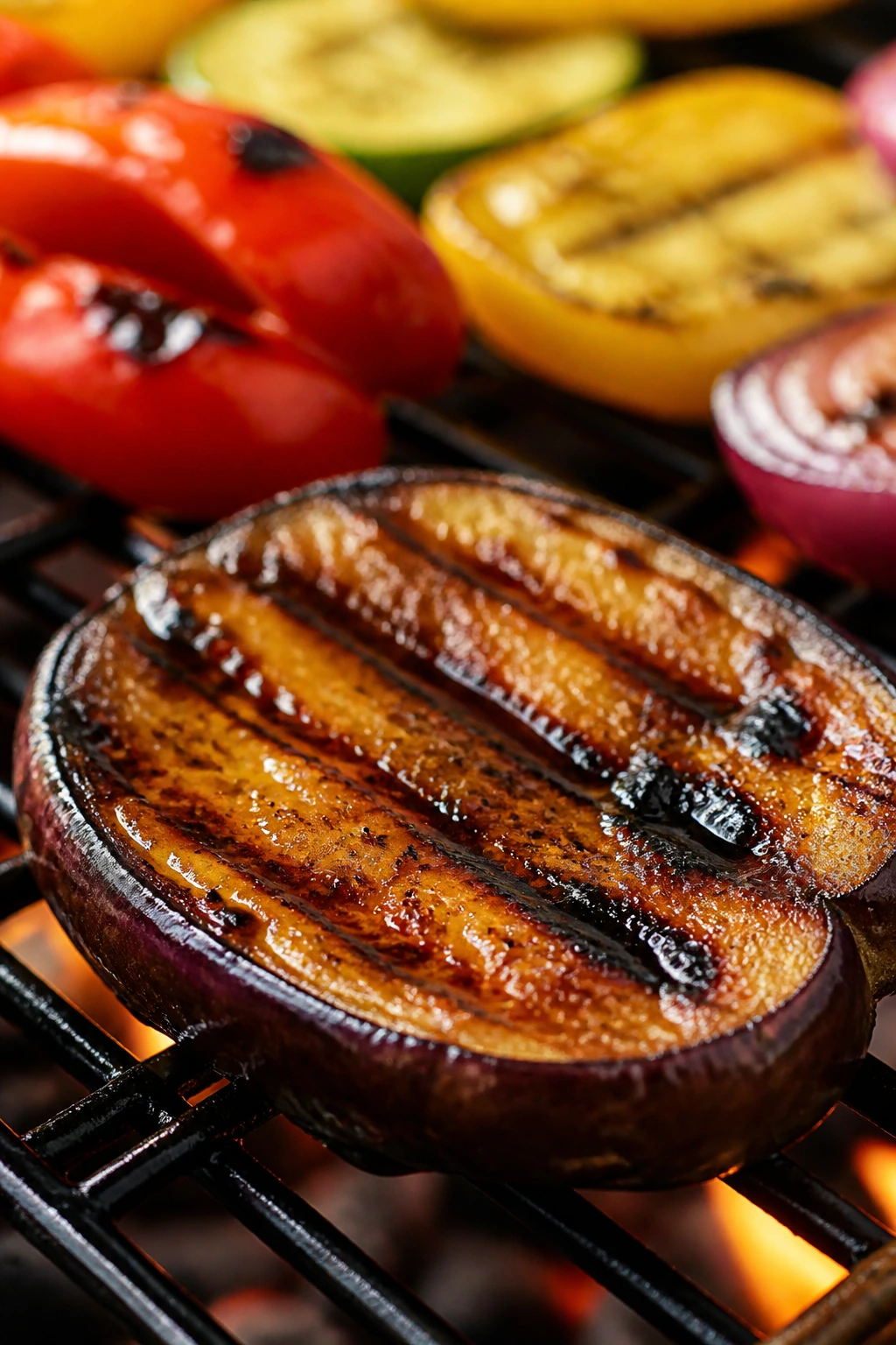 Charred eggplant slice with glaze on a grill