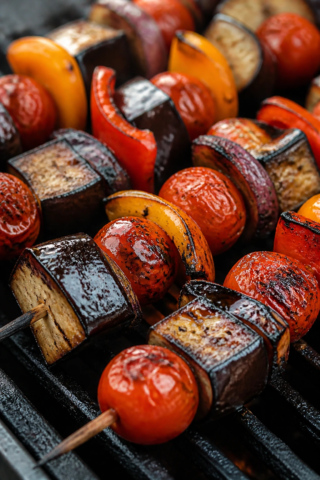 Close-up of eggplant, cherry tomatoes, and bell peppers on skewers