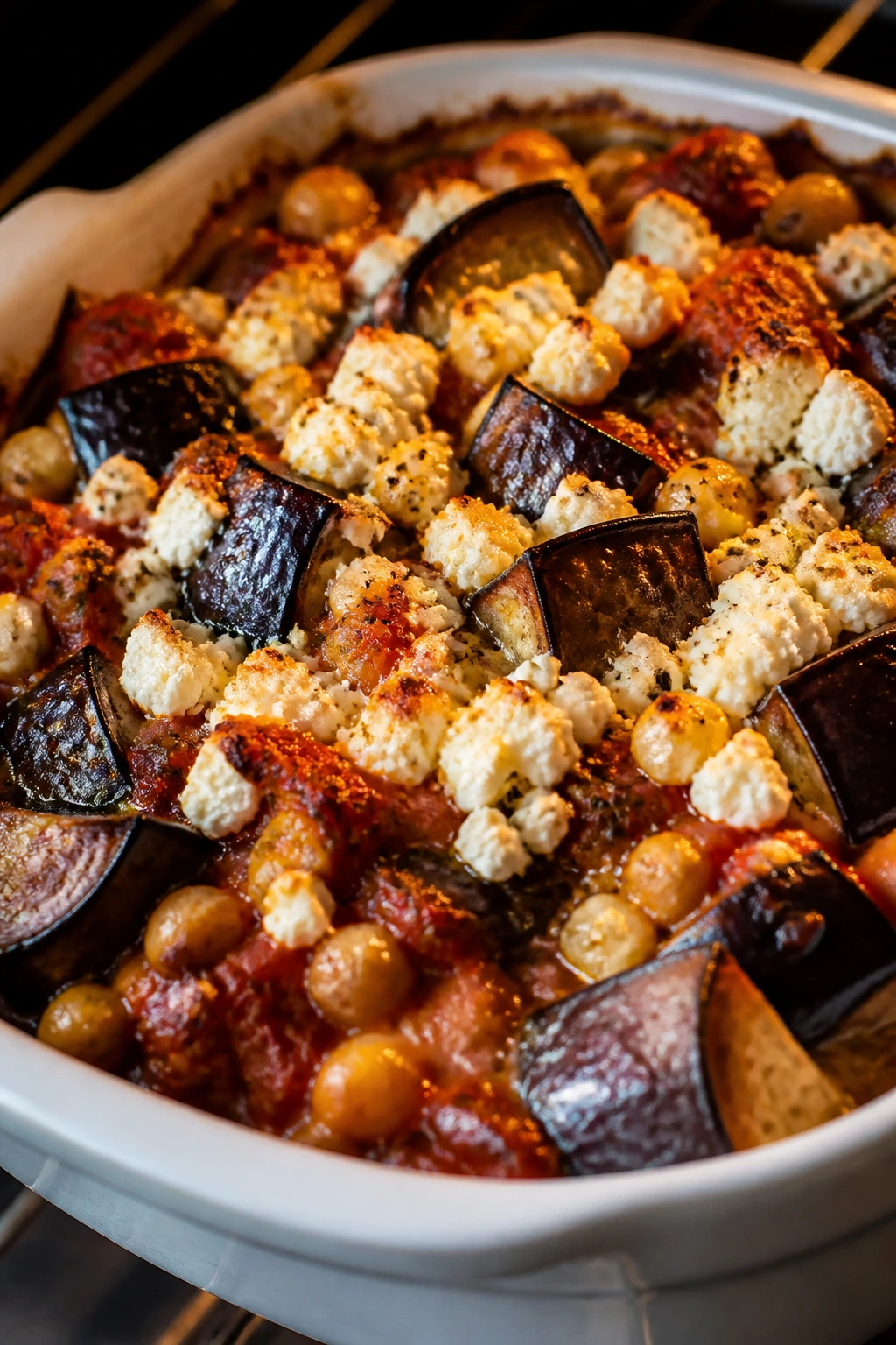 Close-up of Eggplant Tomato Bake with Chickpeas in a baking dish