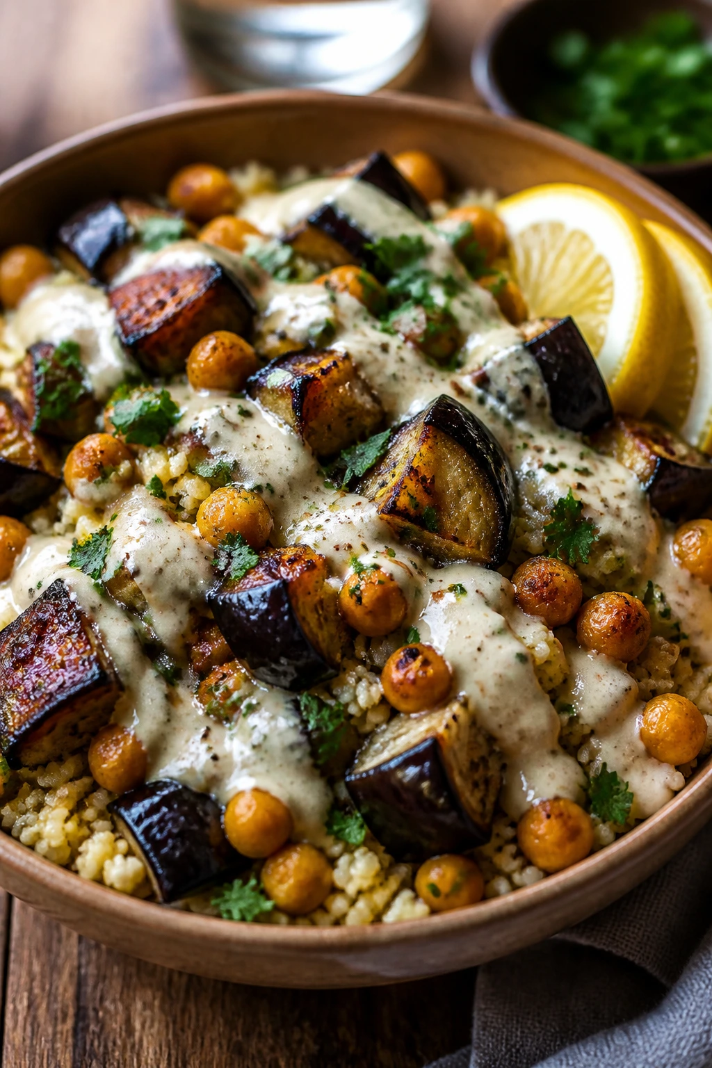 Close-up of roasted eggplant and chickpea couscous with tahini sauce