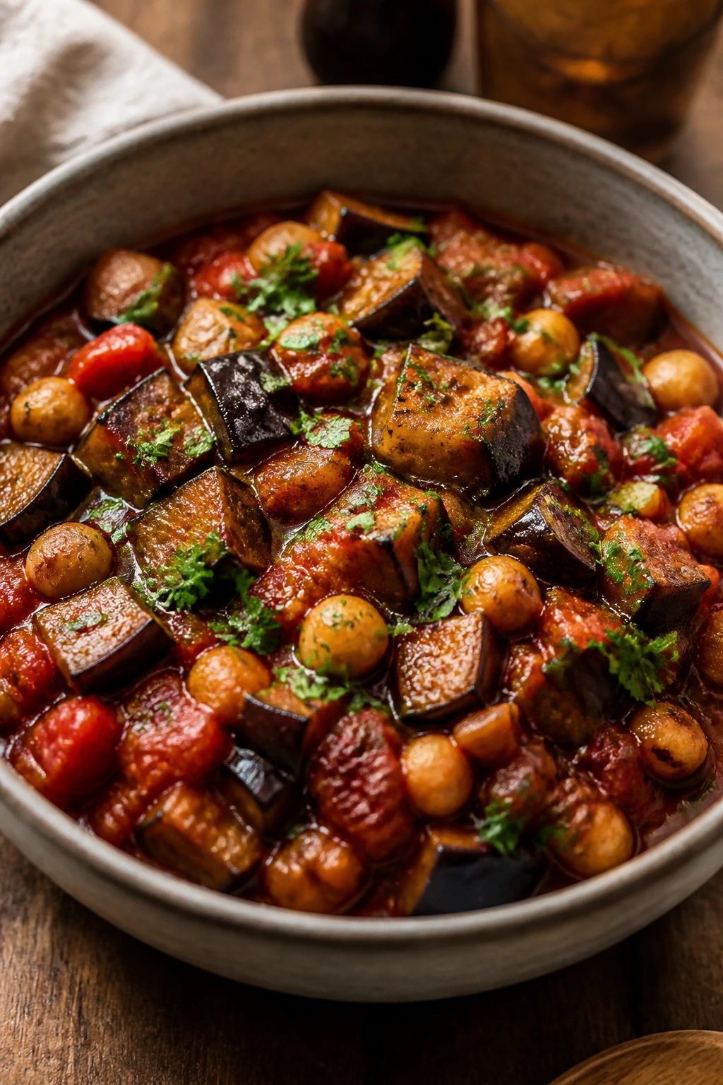 Eggplant and tomato chickpea stew in a bowl on a wooden table.