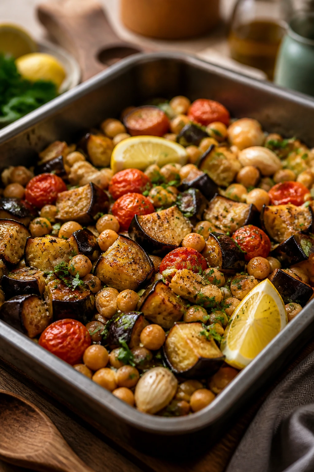 Baked eggplant and chickpeas in a pan with tomatoes