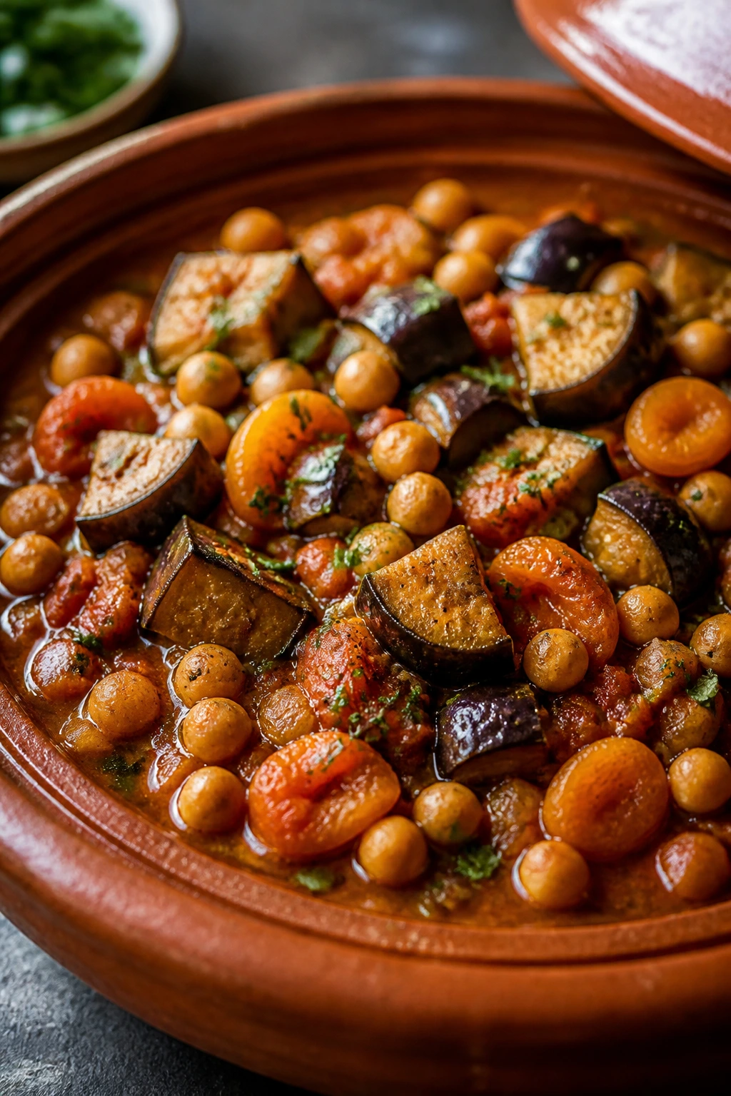 Eggplant and chickpeas in a spiced tomato sauce in a tagine