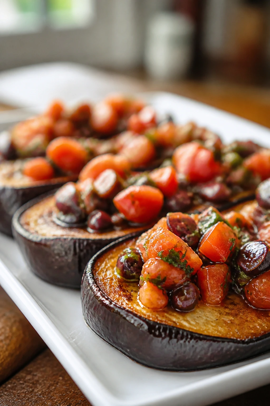 Close-up of eggplant coins with tomato-olive relish