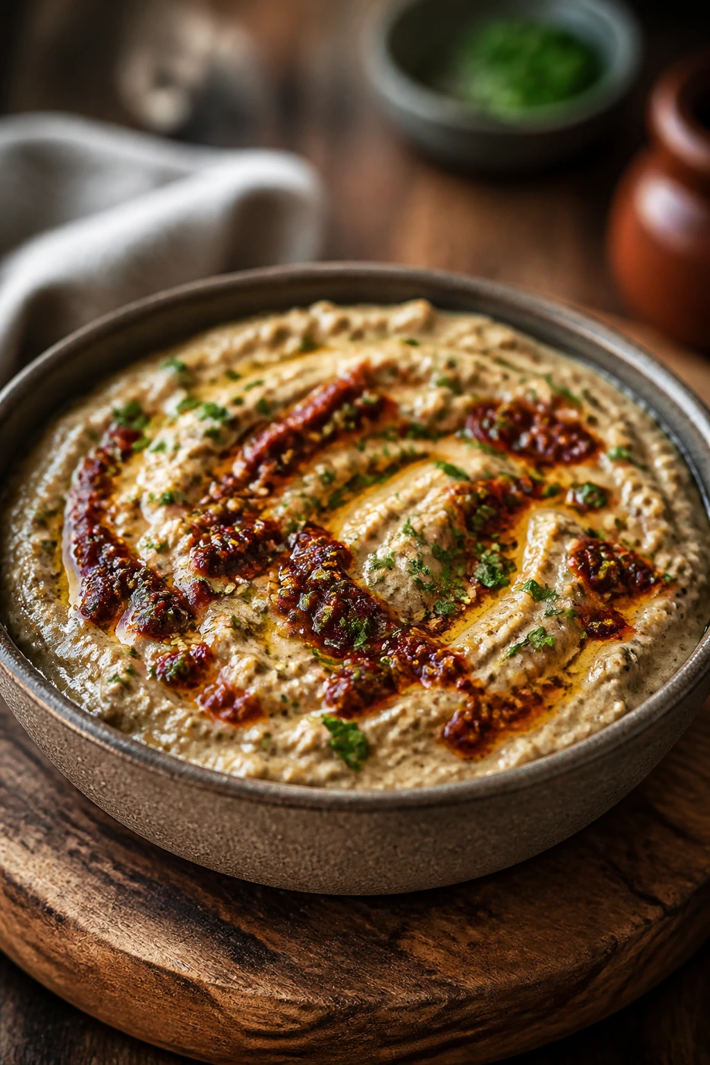 Bowl of harissa-smoked eggplant dip with tahini texture