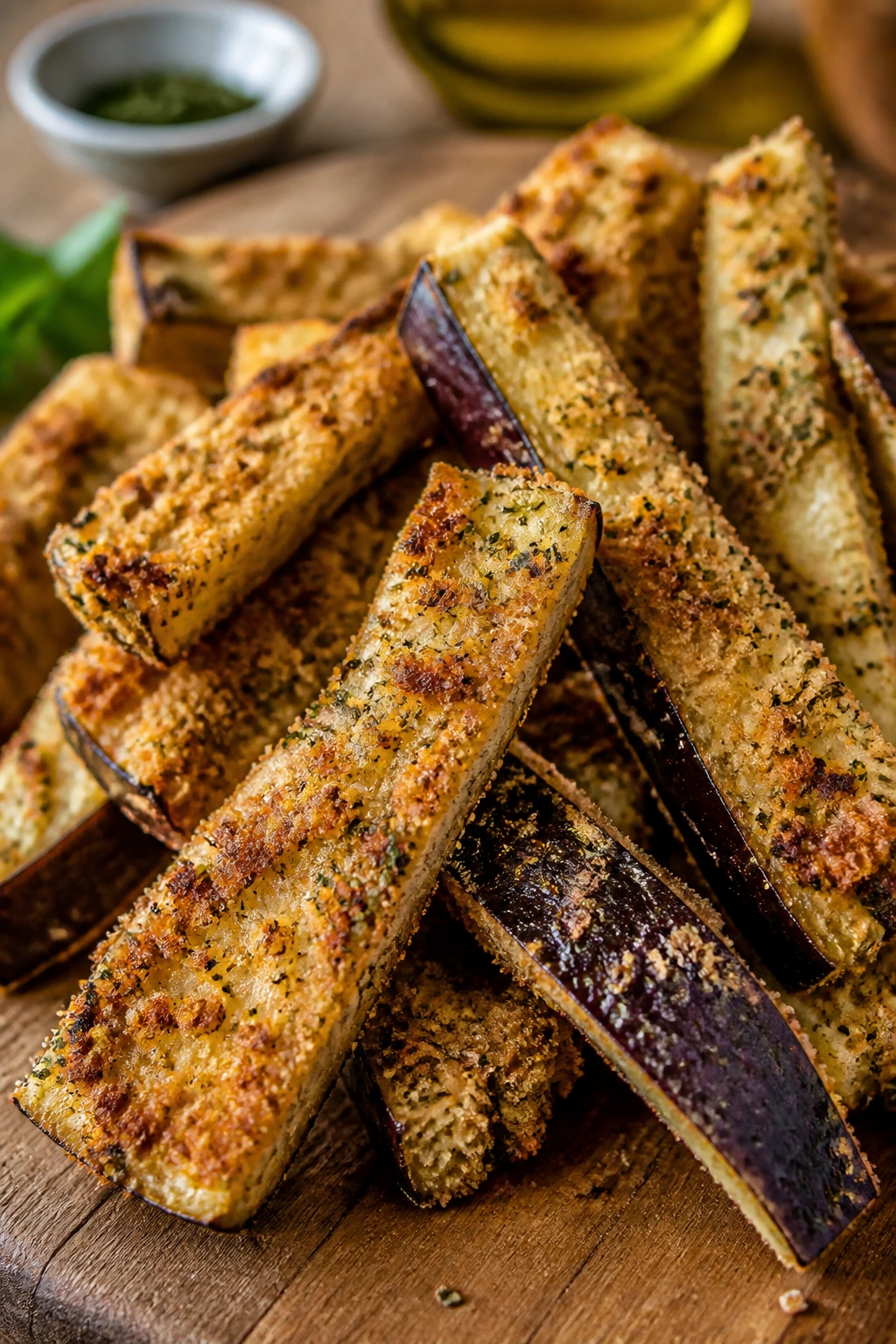 Close-up of eggplant fries with herb crust filling the frame on a wooden board