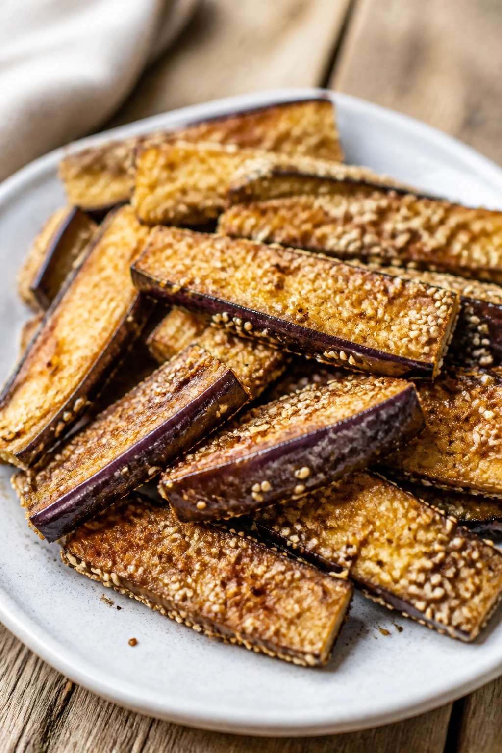 Sesame-crusted eggplant fries on a plate with a warm kitchen backdrop