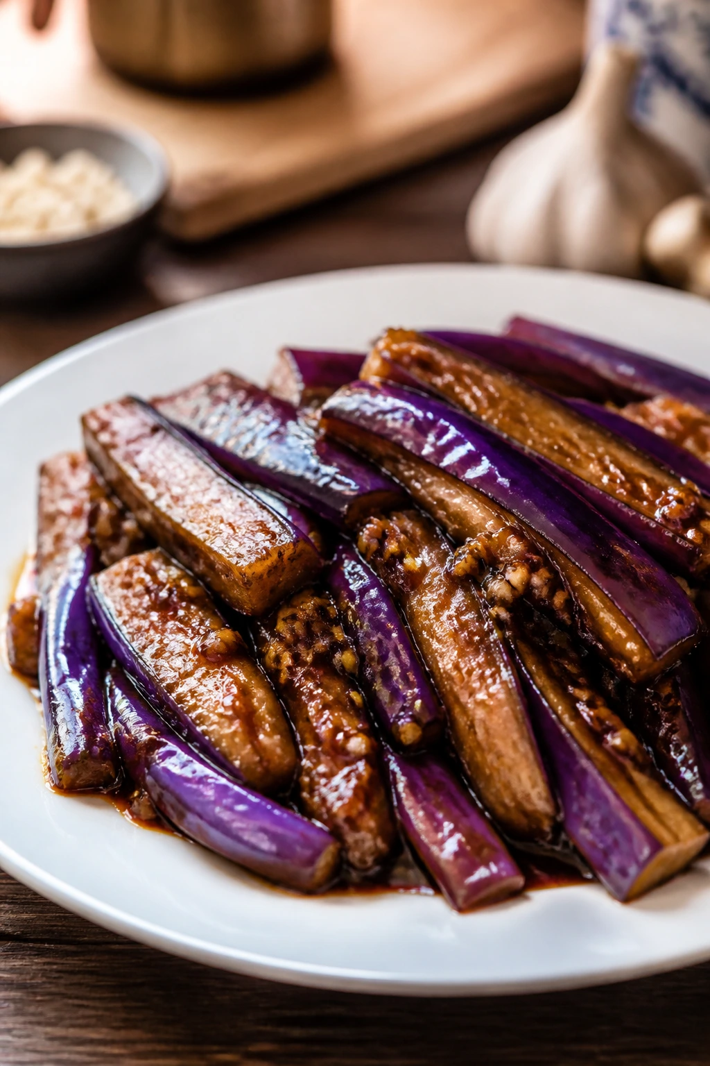 Close-up of Chinese Eggplant with Garlic Sauce on plate