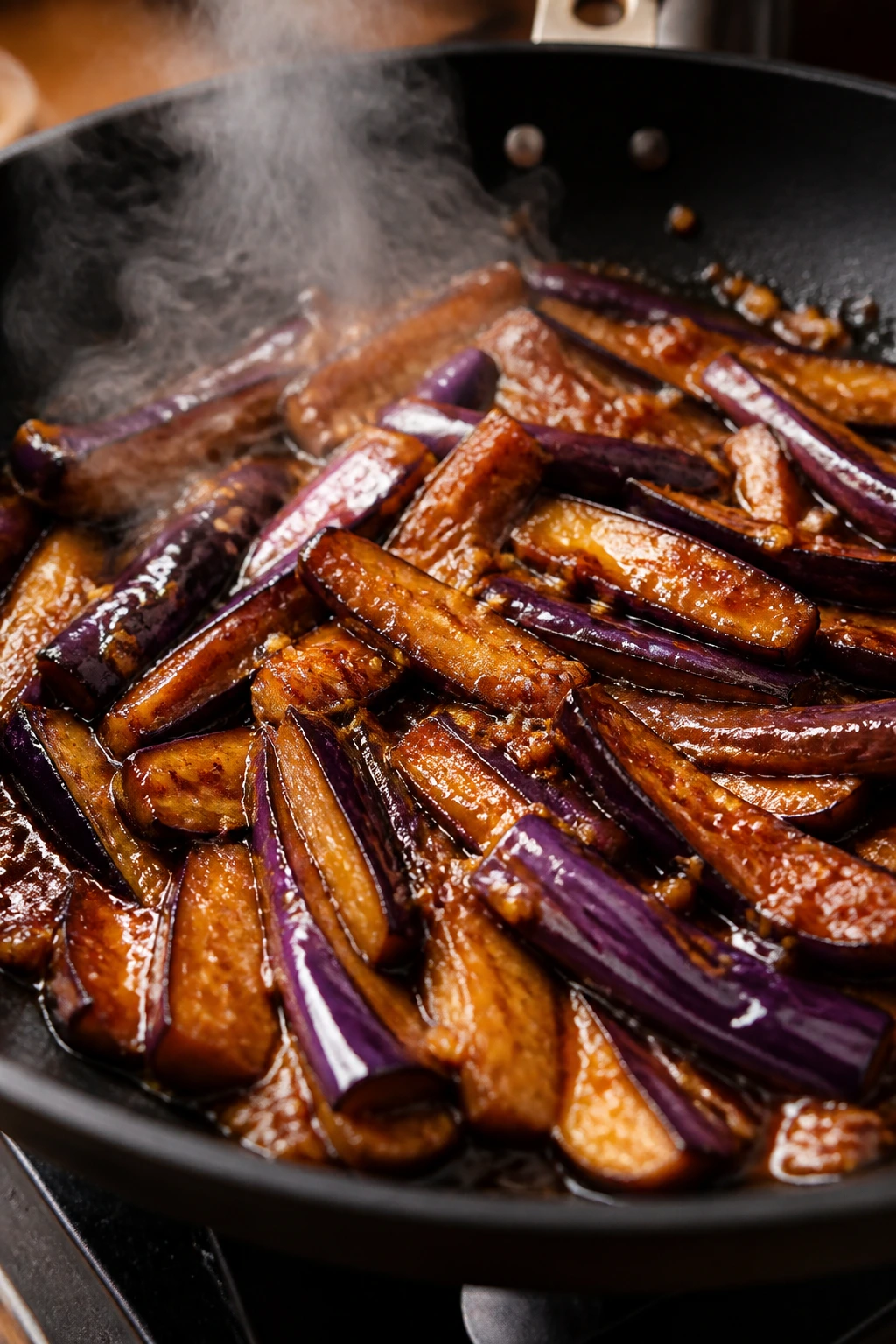 Close-up of glossy eggplant in garlic sauce sizzling in a pan