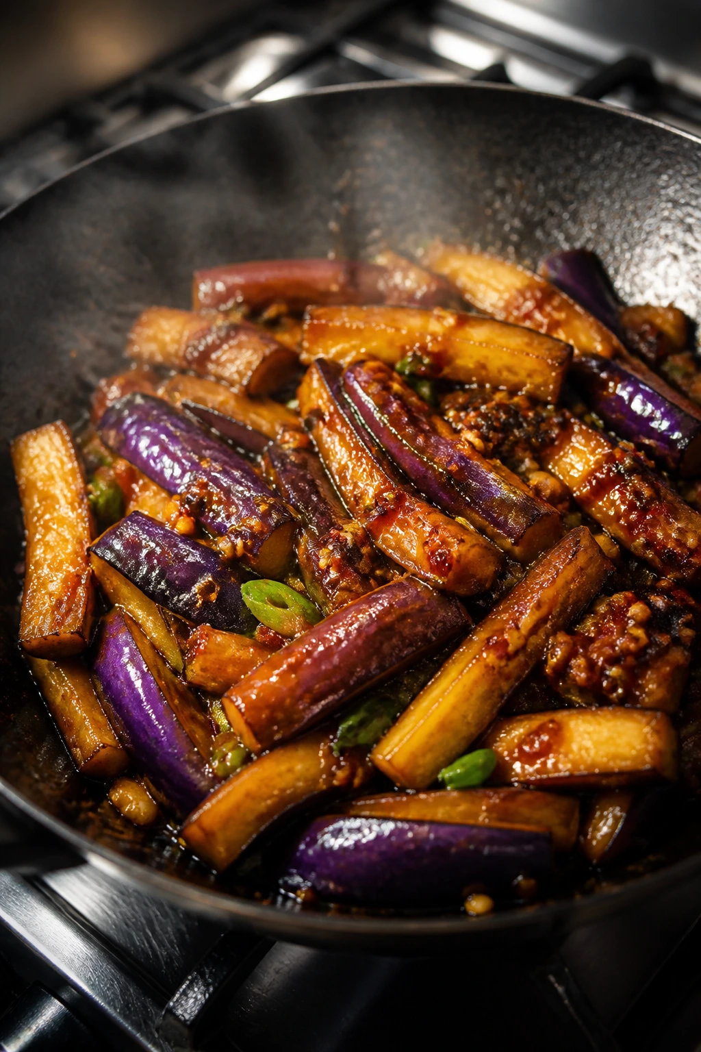 Close-up of eggplant in garlic-chili sauce