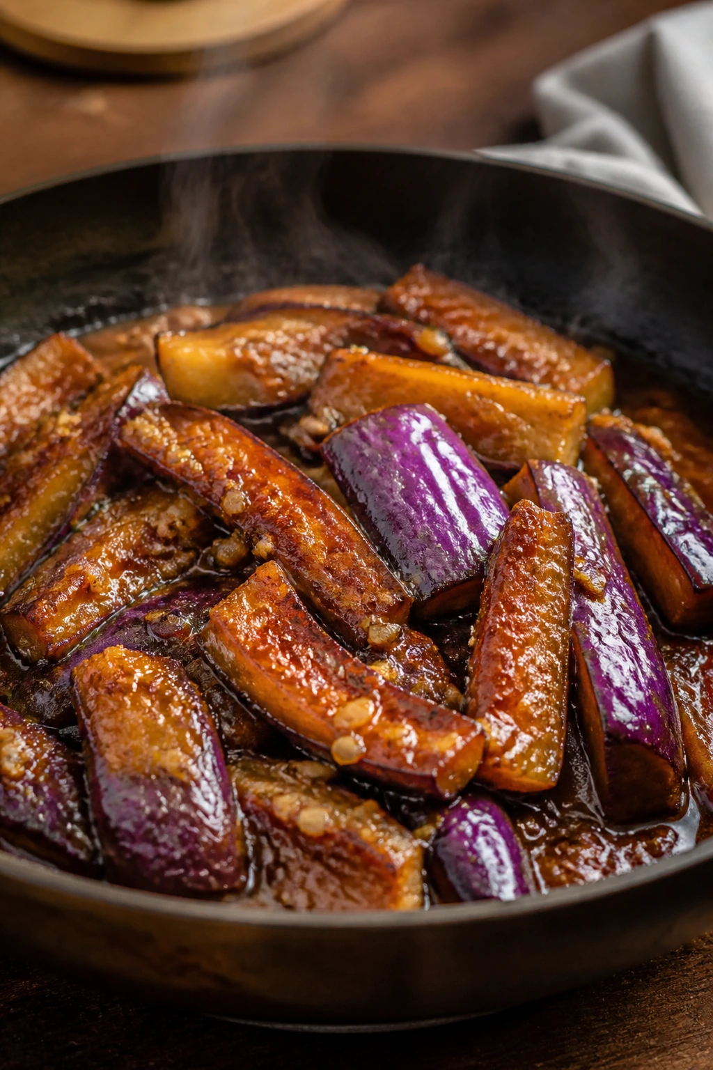 Close-up of silky Chinese eggplant with garlicky sauce in a skillet