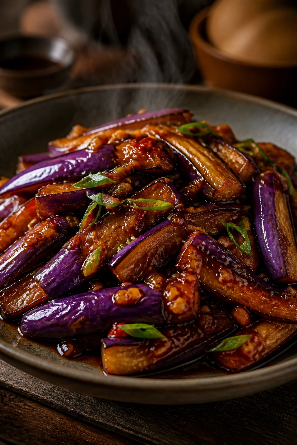 Glossy Chinese eggplant batons in garlic sauce on ceramic plate