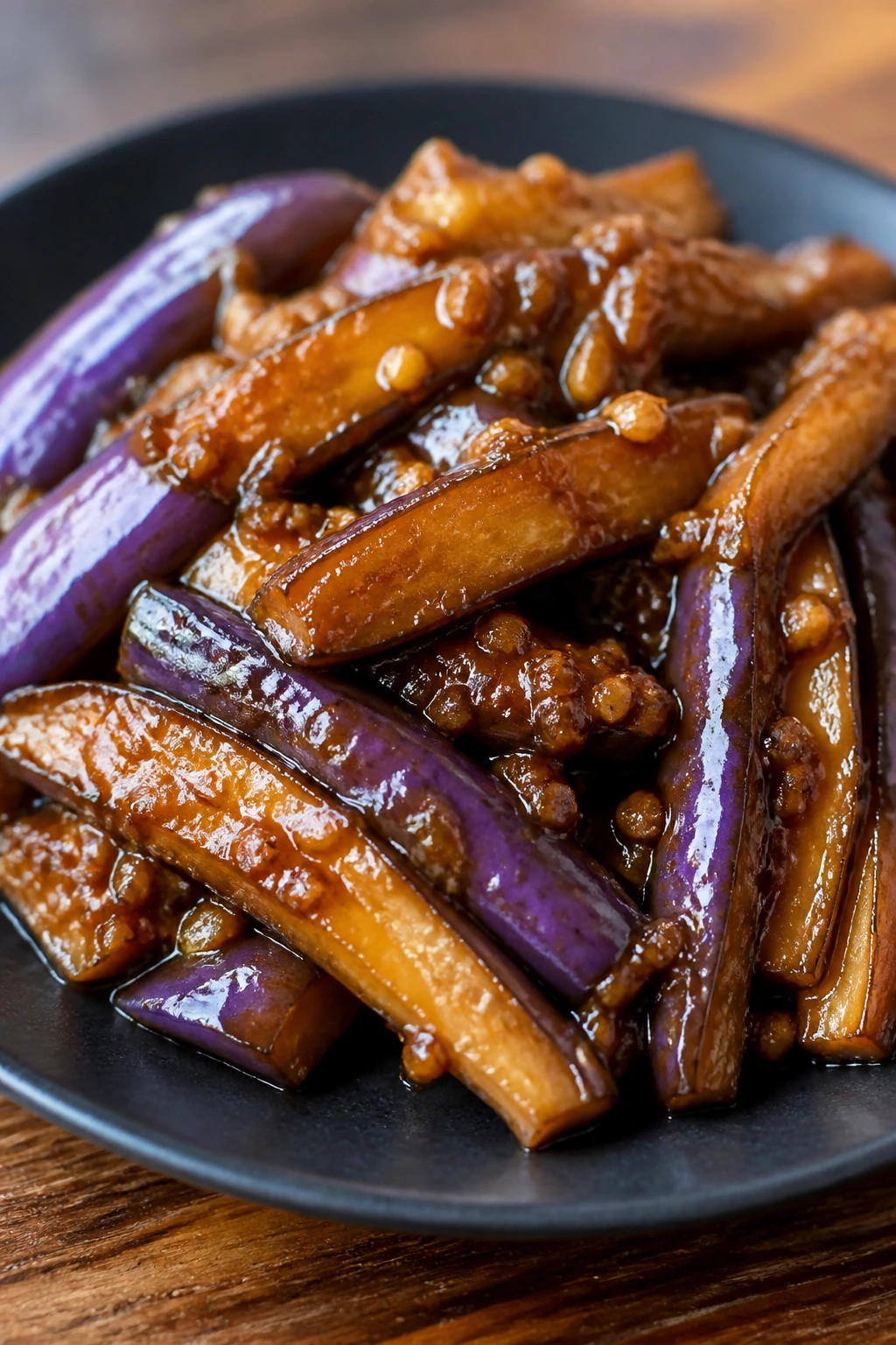 Close-up of glossy eggplant in garlic sauce