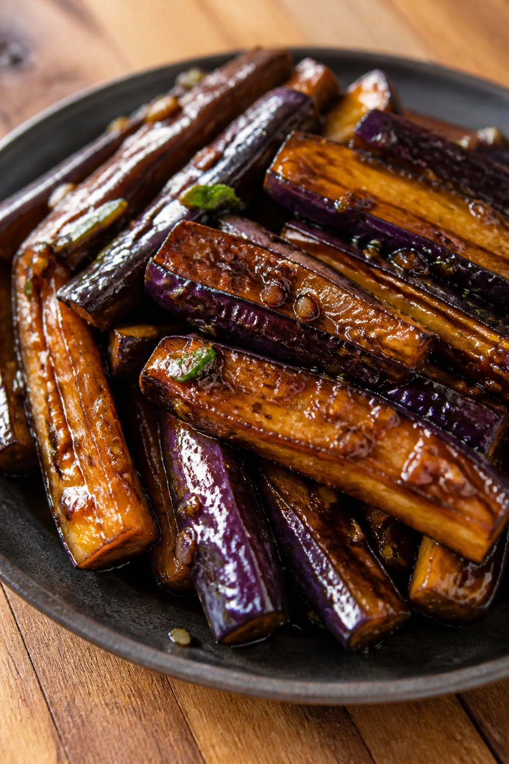 Lacquered eggplant batons with glossy soy glaze on a plate